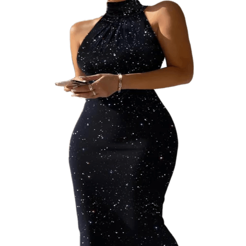 New Women Elegant Bodycon Mini Dress Glitter High Neck Sleeveless Bodycon Sexy Slim Fit Party Dress sweetheart Neckline Romantic