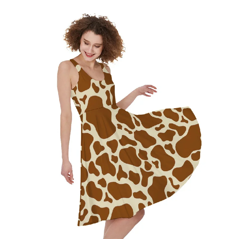 Brown Cow Print Sleeveless Knee Length Dress Tunics Handmade artisanal