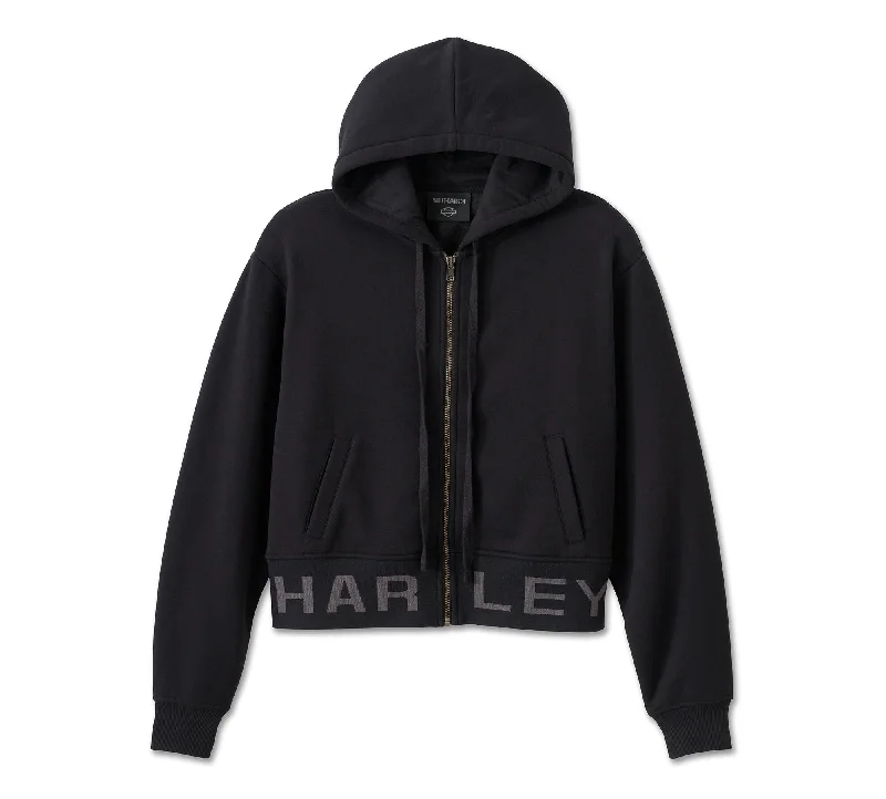 Women's Harley-Davidson Cropped Full Zip Hoodie - Harley Black Hoodie Jacket Zipper Layering