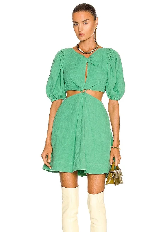 Helen Textured Gauze PUff Sleeve Cutout Mini Dress (Kelly Green) Stylish Short Sleeve Mini Dress