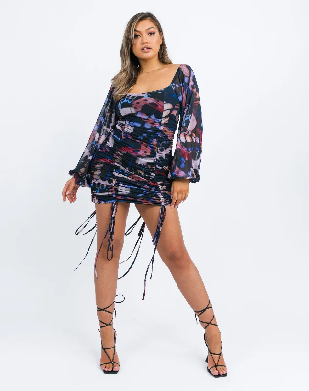 Square Neck Ruched Long Sleeve Mini Dress in Blue Mesh | Helena Fashionable Pleated Mini Dress