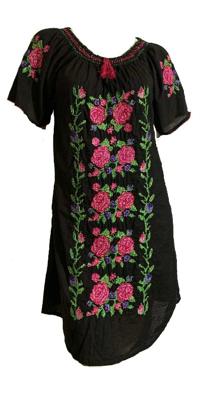 Floral  Embroidered Black Cotton Mexican Mini Dress Tunic circa 1980s Stylish Puff Sleeve Mini Dress