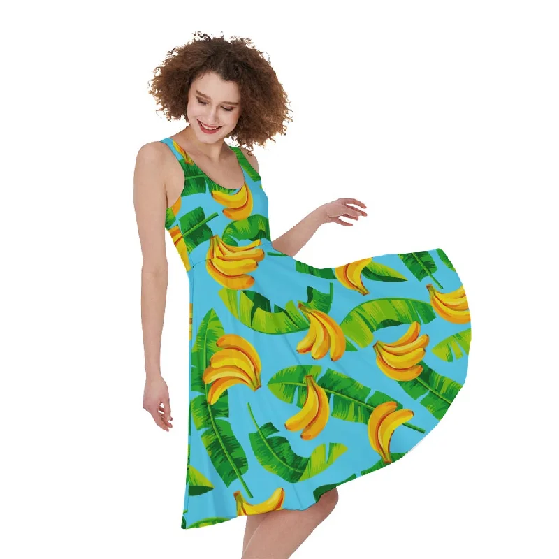 Banana Leaf Pattern Print Sleeveless Knee Length Dress Tunics Short Trendy