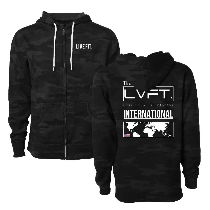 International Zip-Up Hoodie- Black Camo Hoodie with Front Slit Layering Stylish
