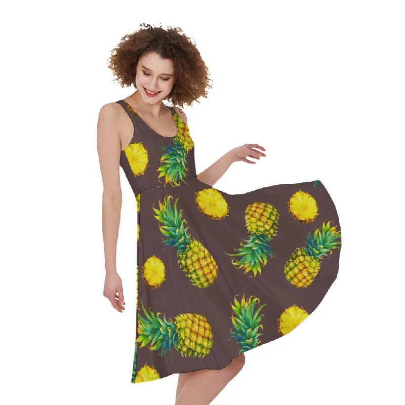 Brown Pineapple Pattern Print Sleeveless Knee Length Dress Tunics Seasonal trendy