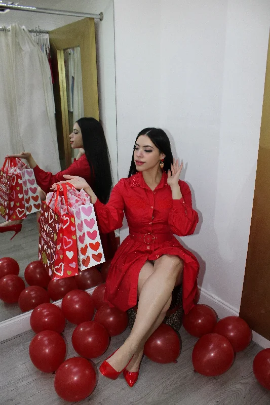 Myself And I Belted Poplin Mini Dress Red Comfortable Boho Mini Dress