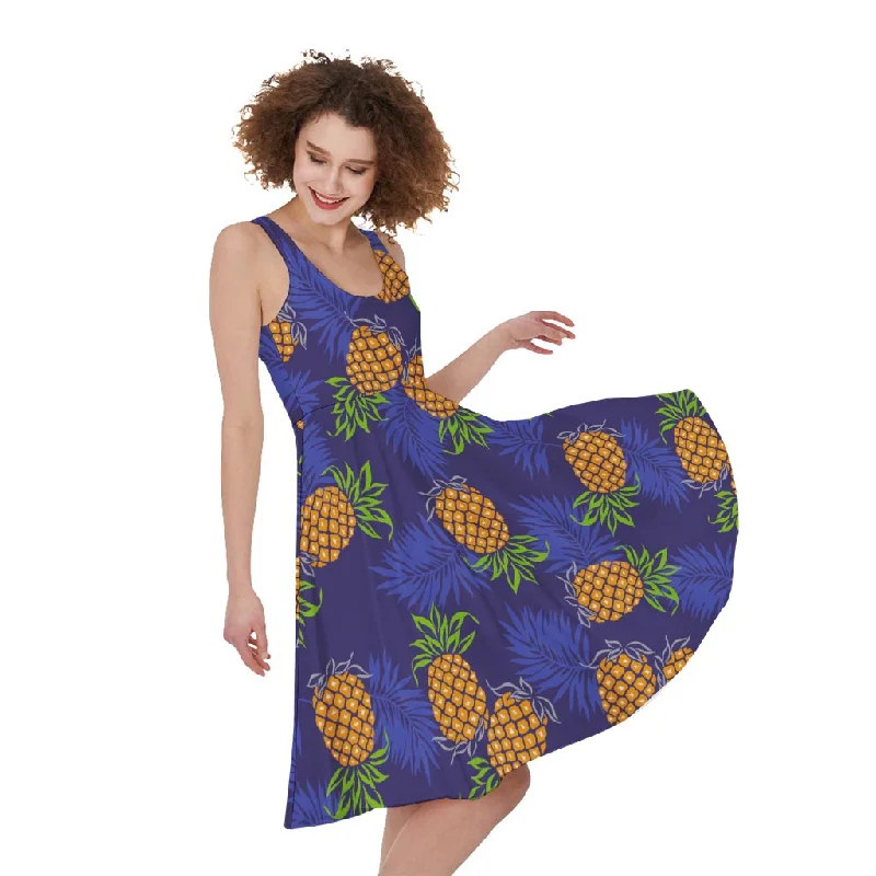 Blue Leaf Pineapple Pattern Print Sleeveless Knee Length Dress Tunics Corduroy durable