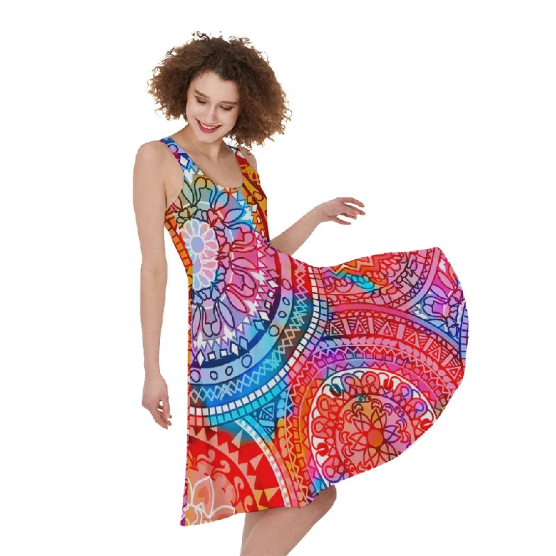 Colorful Circle Mandala Print Sleeveless Knee Length Dress Tunics Fashionable trendy