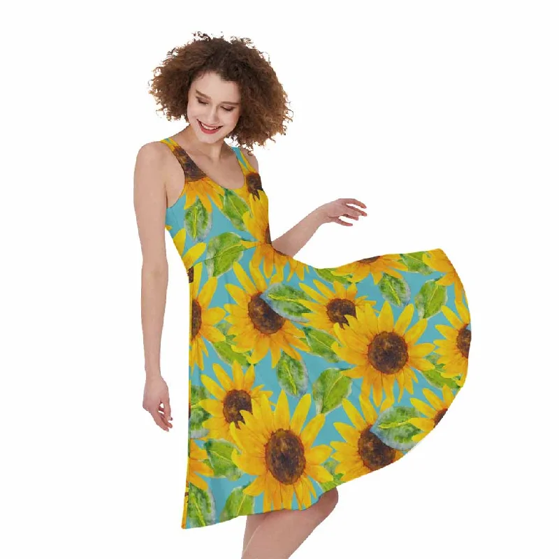 Blue Watercolor Sunflower Pattern Print Sleeveless Knee Length Dress Tunics Practical easy-care Blue Watercolor Sunflower Pattern Print Sleeveless Knee Length Dress Tunics Practical easy-care