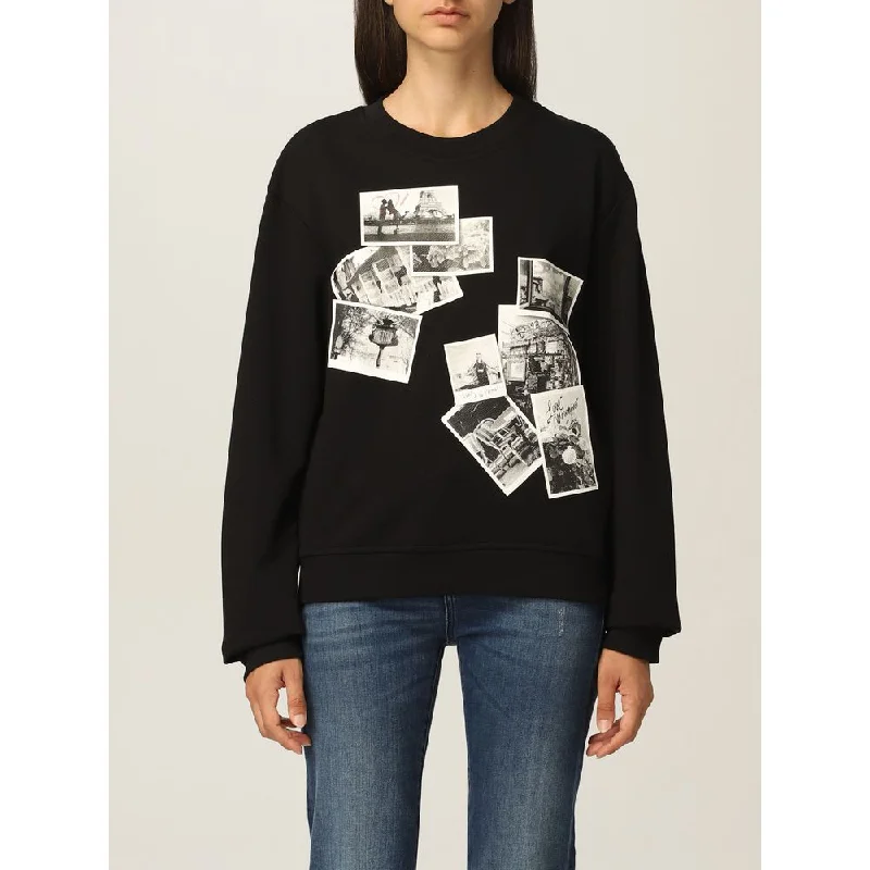 Chic Black Sweatshirt With Designer Emblem Hoodie with Full-Zip Functional Layering