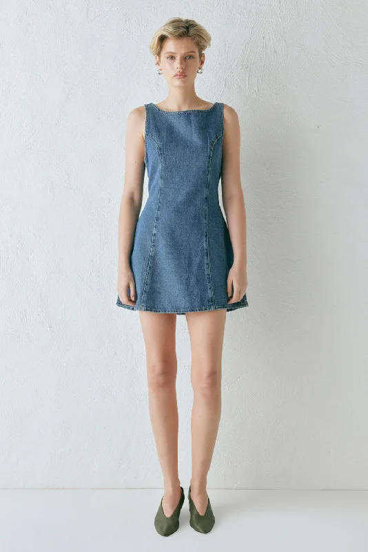 Chloe Denim Mini Dress Blue Trendy A-Line Mini Dress