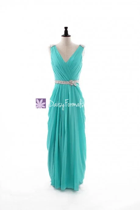 Aqua Chiffon Dress Tiffany Blue Long Porm Dress Long Tiffany Bridal Party Dress (BM876L) Sequined Elegant Party
