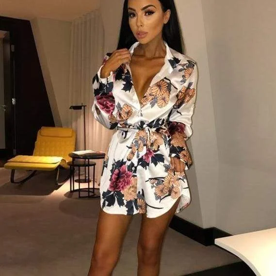 FashionSierra - Summer Women Silk Satin Shirt Dress Ladies Print Floral Long Sleeve Loose Short Mini Dresses Beach Party Dress Tunics Plaid country