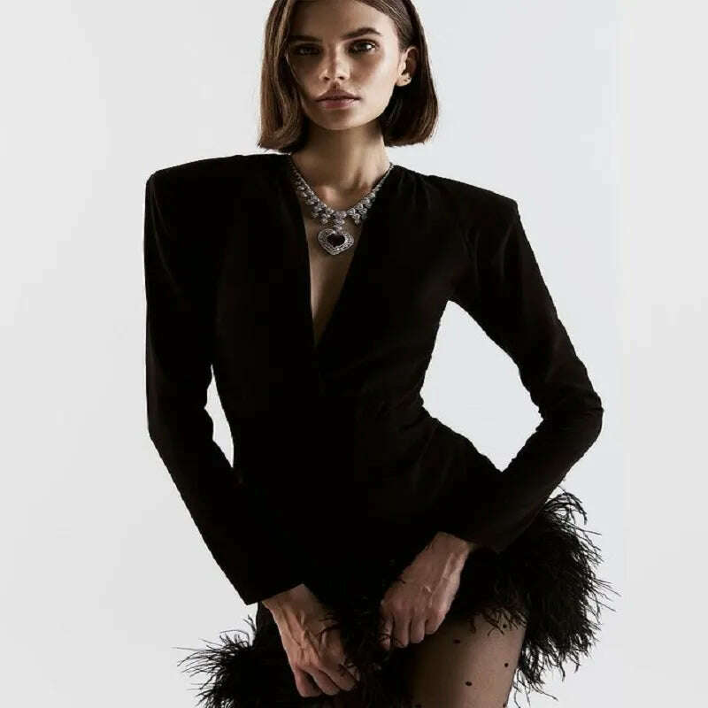 CIEMIILI Mini Bandage Dress Long Sleeve Deep V Neck Feather Decorate Sexy Elegant Celebrity Nightclub Runway Party Dresses Tunics Luxurious high-end CIEMIILI Mini Bandage Dress Long Sleeve Deep V Neck Feather Decorate Sexy Elegant Celebrity Nightclub Runway Party Dresses Tunics Luxurious high-end