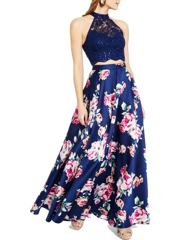 Juniors Womens Floral Long Evening Dress Off-the-shoulder Chic Trendy