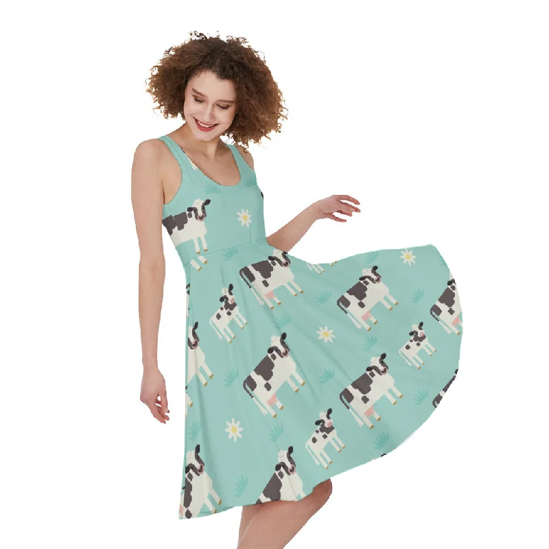 Cute Cow And Baby Cow Pattern Print Sleeveless Knee Length Dress Crew Neckline Casual