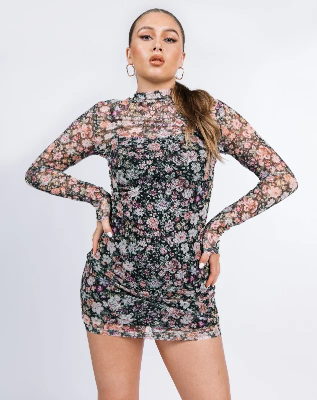 Mesh High Neck Long Sleeve Mini Dress in Floral | Ophelia Comfortable Ruffle Mini Dress