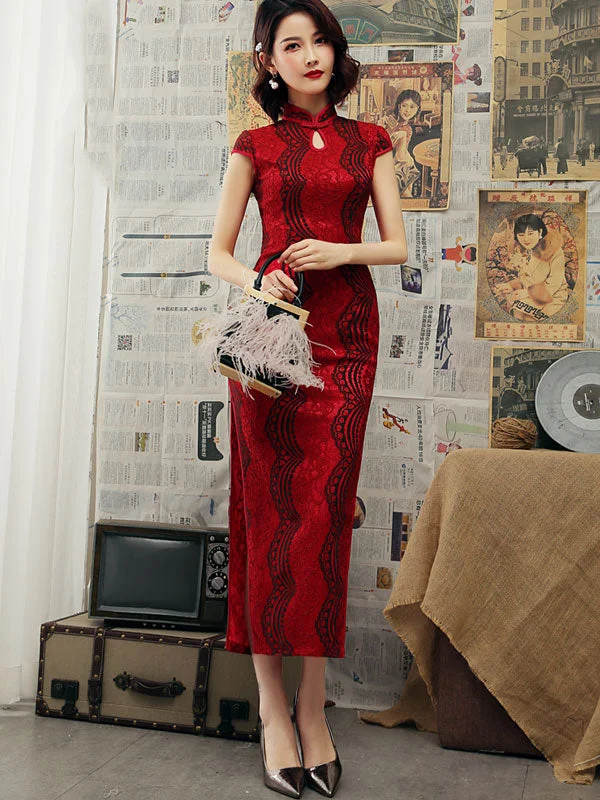 Red Lace Ankle-length Qipao / Cheongsam Party Dress Tunics Designer luxury