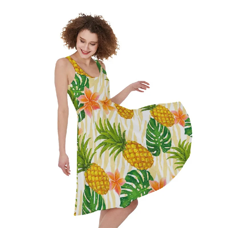Beige Zebra Pineapple Pattern Print Sleeveless Knee Length Dress Tunics Fashionable chic