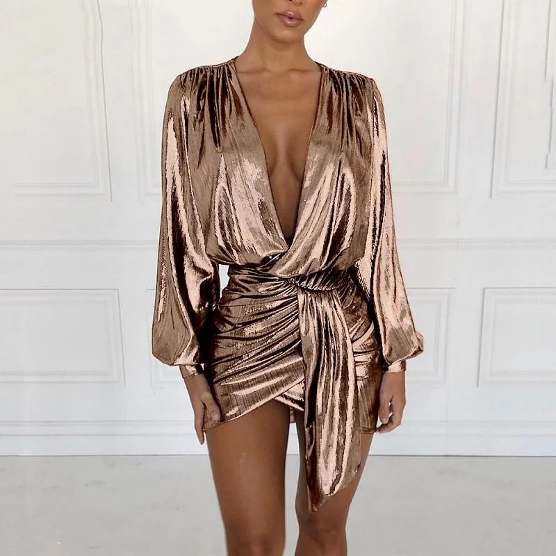 FashionSierra - Metallic plunge party dress Women Lantern sleeve wrap dresses v neck sashes summer dress Back ruched irregular mini vestido Tunics Lace romantic