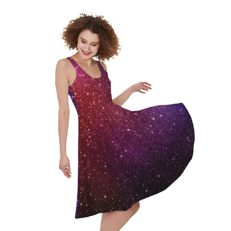 Colorful Stardust Galaxy Space Print Sleeveless Knee Length Dress Tunics Travel practical