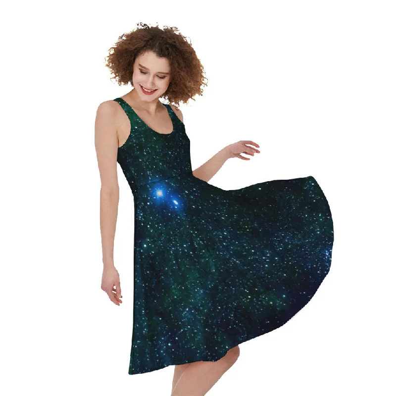 Dark Green Galaxy Space Print Sleeveless Knee Length Dress Tunics Fashionable trendy