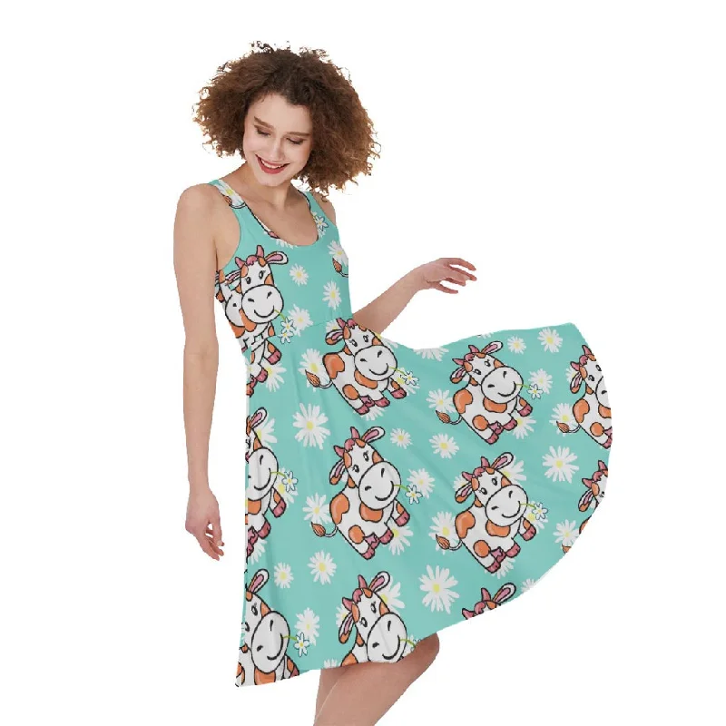 Cartoon Cow And Daisy Flower Print Sleeveless Knee Length Dress Tunics Travel practical
