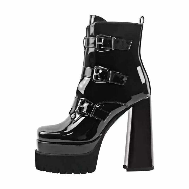 Onlymaker Black Square Toe Booties Double Platform Strap Buckle Side Zip Patent Leather Fashion Party Dress Ankle Boots Tunics Practical easy-care Onlymaker Black Square Toe Booties Double Platform Strap Buckle Side Zip Patent Leather Fashion Party Dress Ankle Boots Tunics Practical easy-care