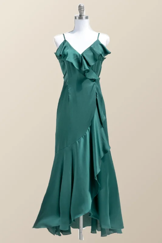 Straps Green Ruffles Wrap Midi Party Dress Pencil Length Work