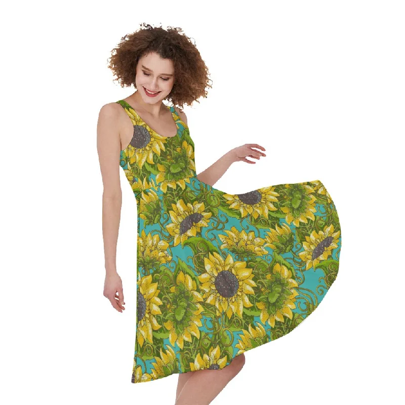 Blooming Sunflower Pattern Print Sleeveless Knee Length Dress Tunics Practical easy-care