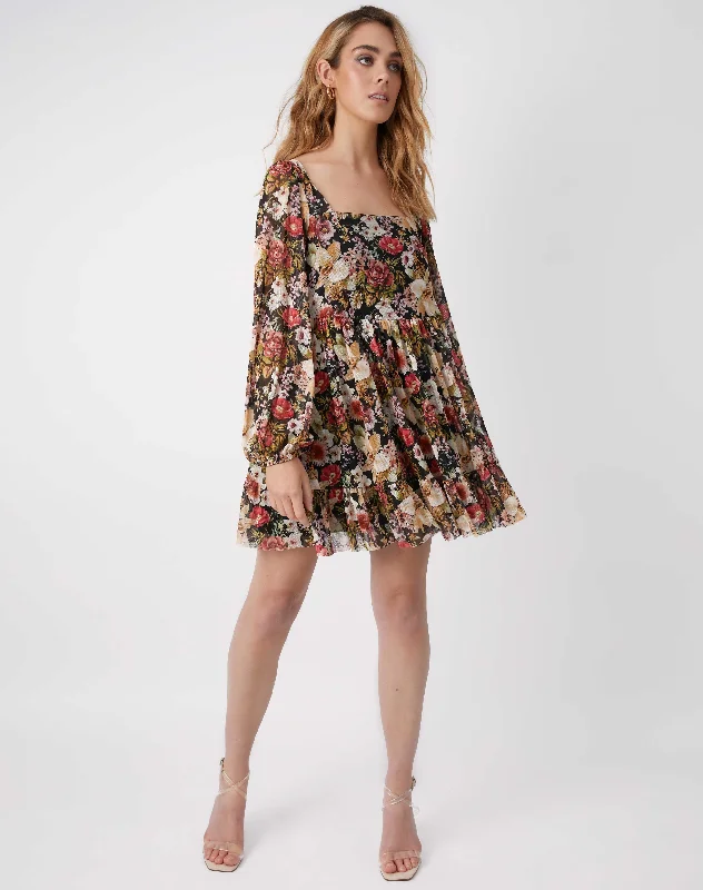 Mesh Square Neck Long Sleeve Mini Dress in Black Floral | Fleur Chic Halter Mini Dress