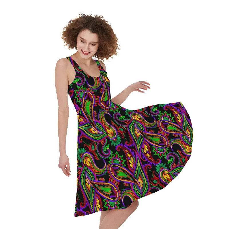 Dark Bohemian Paisley Pattern Print Sleeveless Knee Length Dress Tunics Stylish elegant