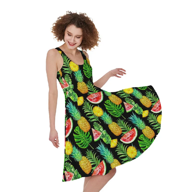 Black Tropical Pineapple Pattern Print Sleeveless Knee Length Dress Tunics Long Elegant