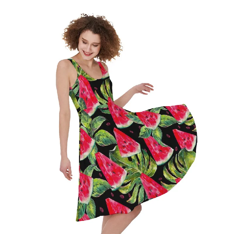 Black Palm Leaf Watermelon Pattern Print Sleeveless Knee Length Dress Tunics Canvas sturdy