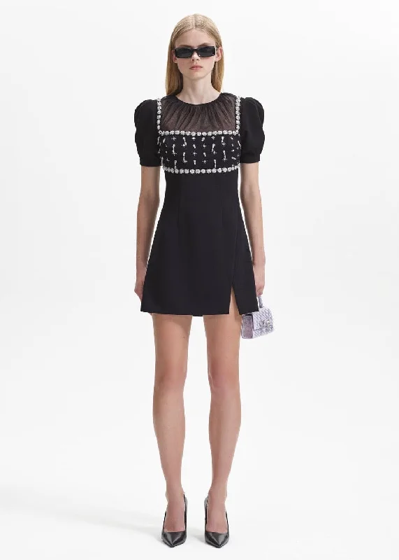 Crepe Embellished Mini Dress (Black) Chic Pleated Mini Dress