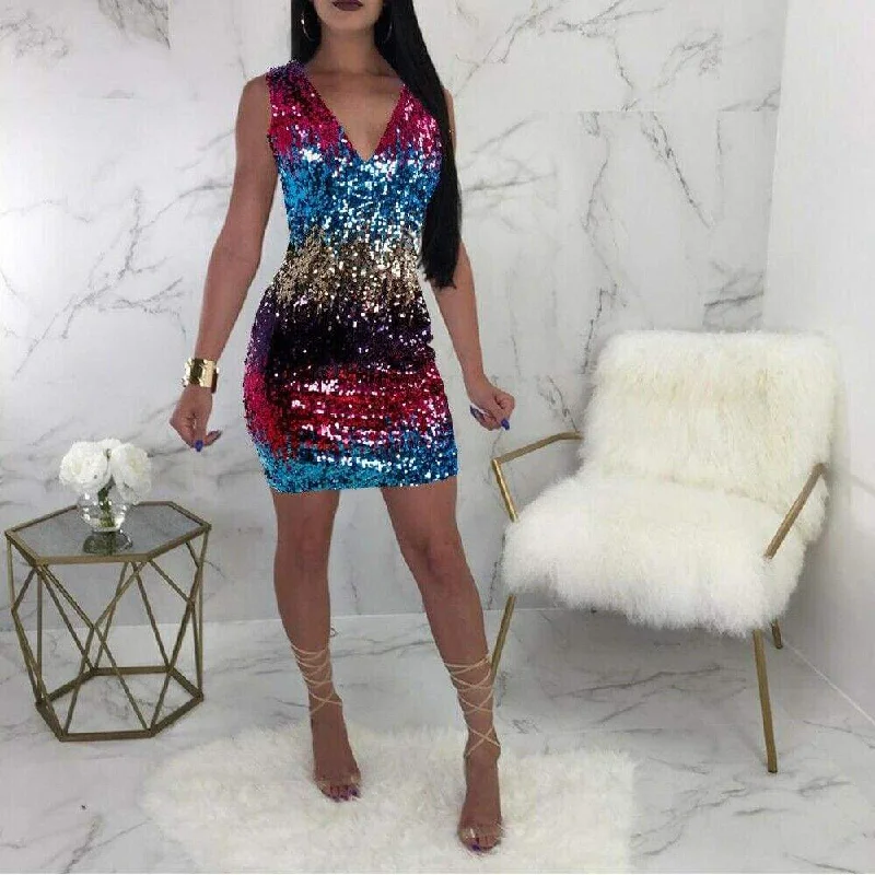 FashionSierra - Fashion Women Summer Sleeveless V-Neck Bodycon Sequin Party Short Mini Dress Ladies High Waist New Sexy Party Dress Tunics Print Colorful