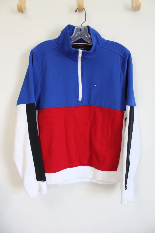 Tommy Hilfiger Blue Red Color Blocked 1/4 Zip Sweatshirt | M Hoodie Jacket Zipper Layering
