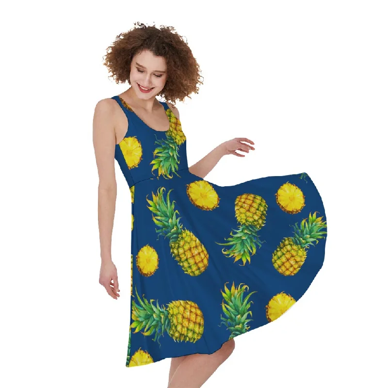 Blue Pineapple Pattern Print Sleeveless Knee Length Dress Tunics Short Trendy