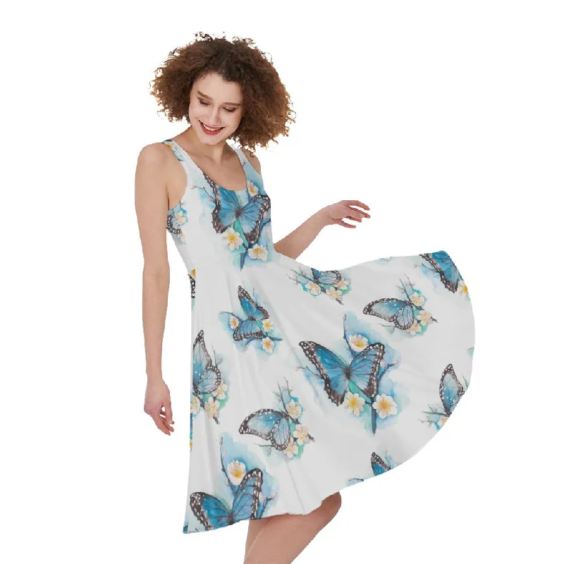 Blossom Blue Butterfly Pattern Print Sleeveless Knee Length Dress Tunics Stylish modern