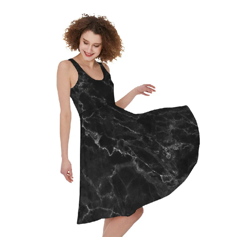 Black White Smoke Marble Print Sleeveless Knee Length Dress Maxi Flowy Bohemian