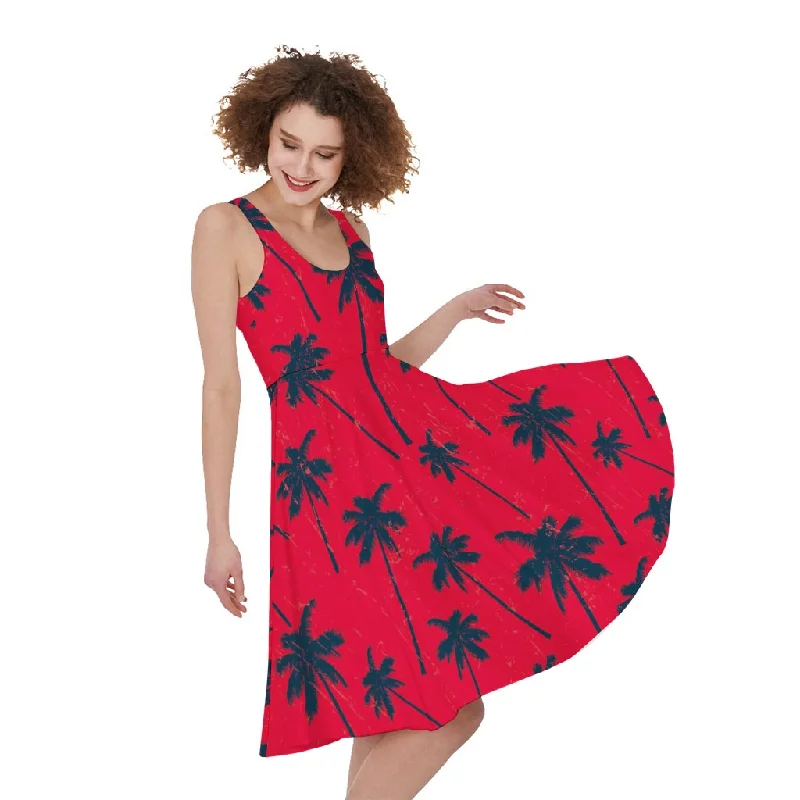 Black Red Palm Tree Pattern Print Sleeveless Knee Length Dress Tunics Silk luxurious