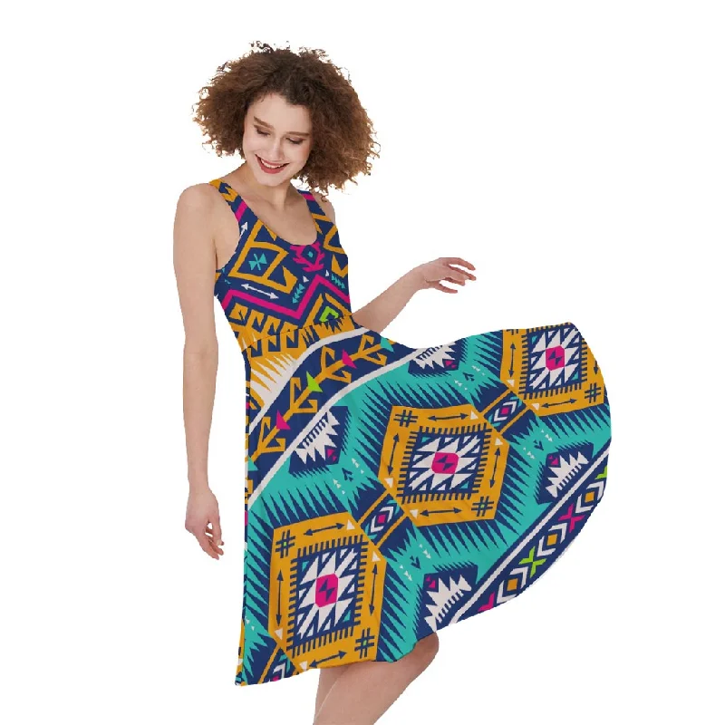 Bright Colors Aztec Pattern Print Sleeveless Knee Length Dress Tunics Timeless classic Bright Colors Aztec Pattern Print Sleeveless Knee Length Dress Tunics Timeless classic