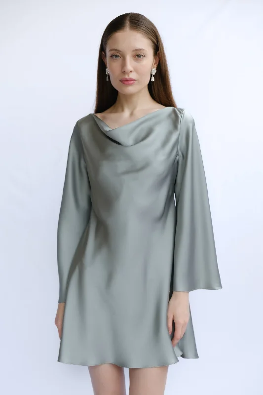 Jade Cowl Neck Long Sleeve Mini Dress Cozy Ribbed Mini Dress