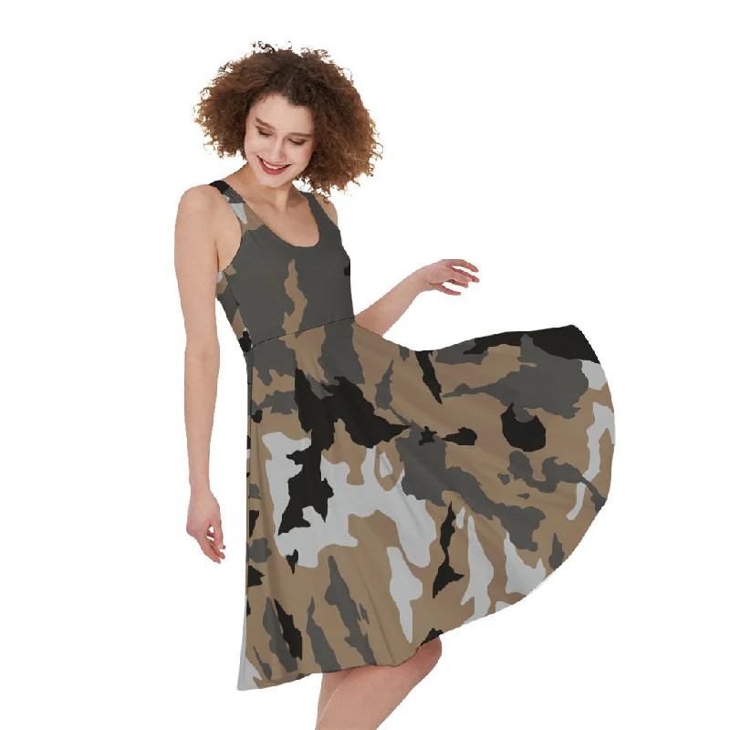 Brown And Black Camouflage Print Sleeveless Knee Length Dress Tunics Review highly