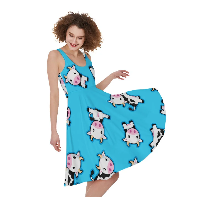 Cute Cartoon Baby Cow Pattern Print Sleeveless Knee Length Dress Tunics Short Trendy