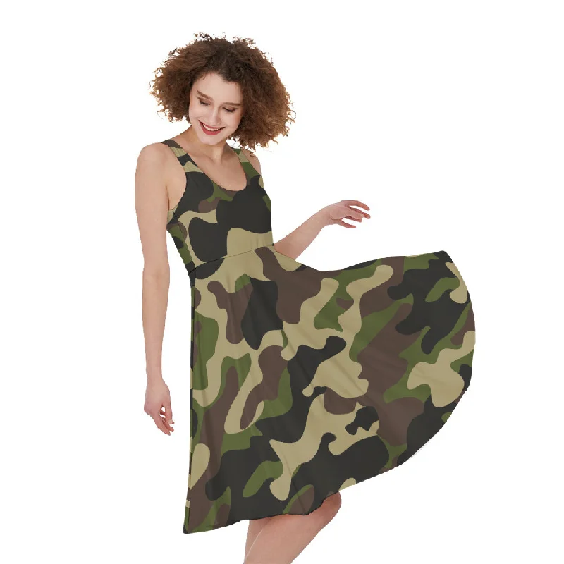 Army Green Camouflage Print Sleeveless Knee Length Dress Tunics Fleece cozy