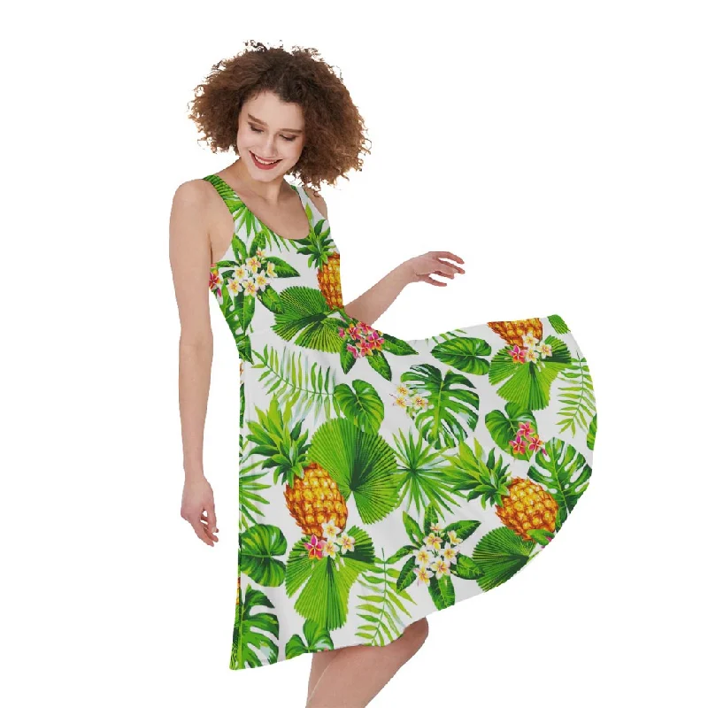 Aloha Hawaiian Pineapple Pattern Print Sleeveless Knee Length Dress Tunics Vintage classic