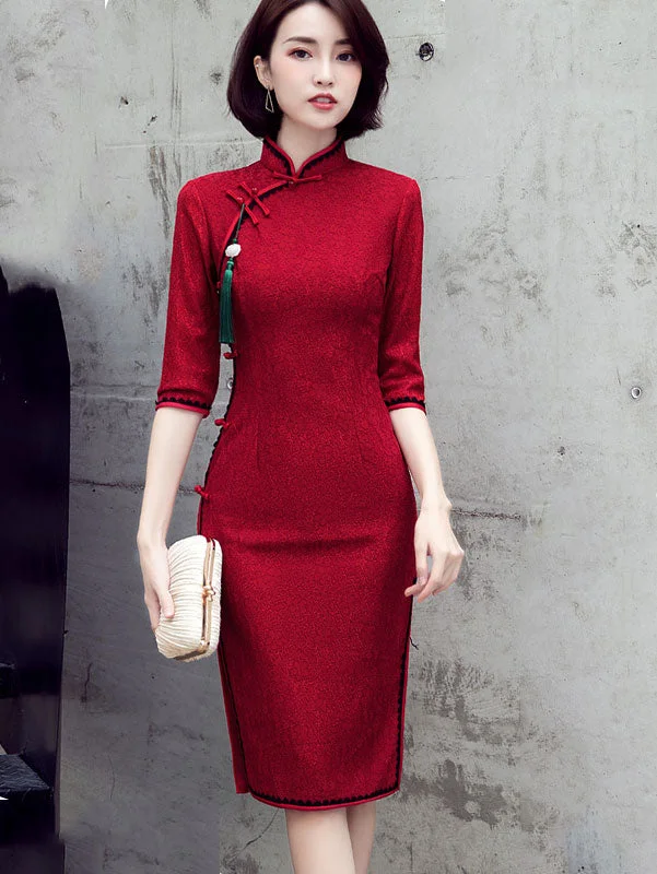 Burgundy Lace Winter Qipao Cheongsam Party Dress Tunics Silk luxurious