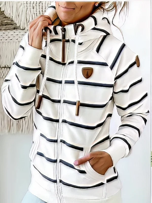 Women's Coffee Striped Leather Zip Hoodie with Functional Pockets Hoodie with Drawcord Adjustable Secure