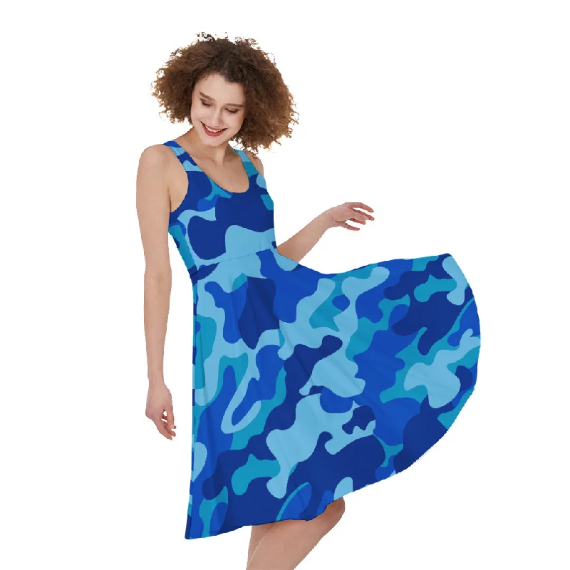 Blue Camouflage Print Sleeveless Knee Length Dress Tunics Party sparkling